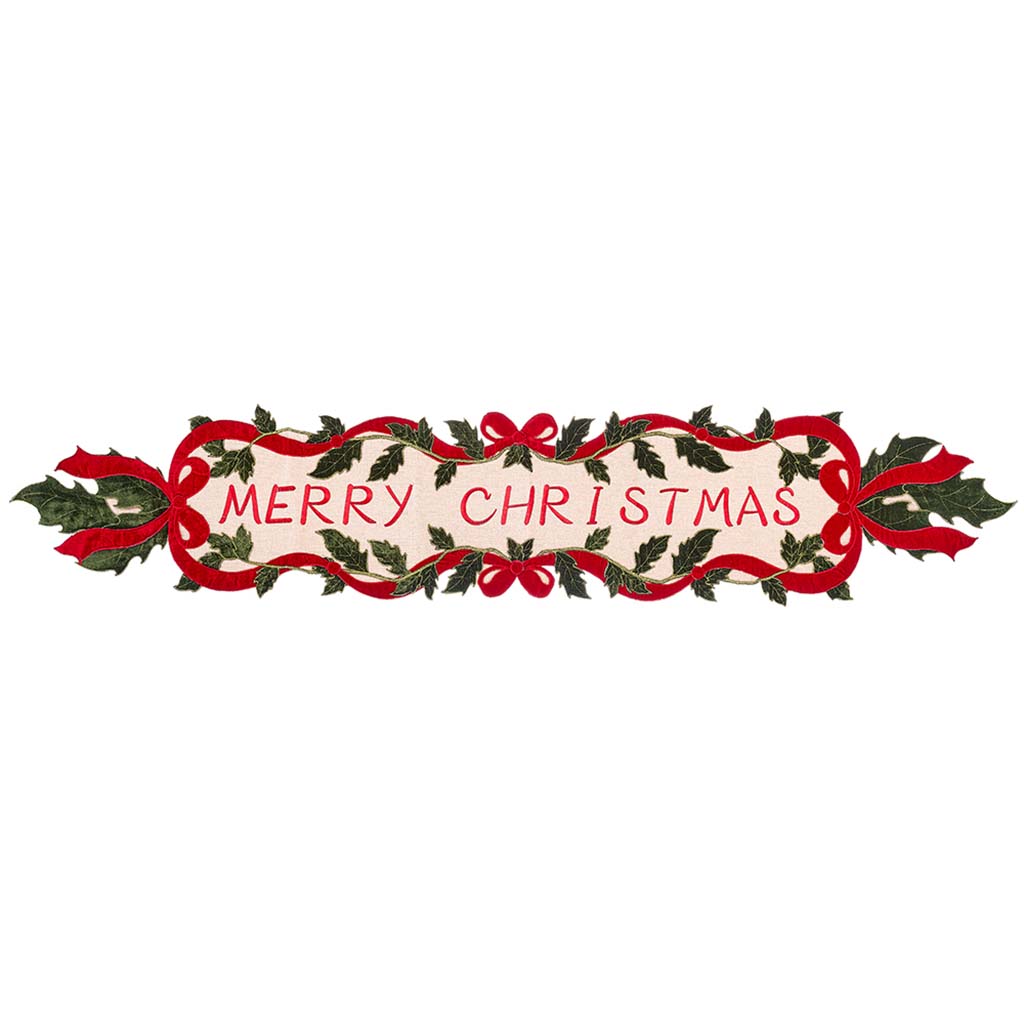 Merry Christmas Holly Table Runner, Red Green 14in W X 72in L