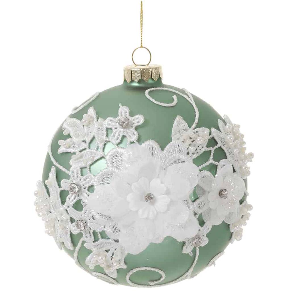 Glass Lace Flower Ball Ornament Green White 4.75in