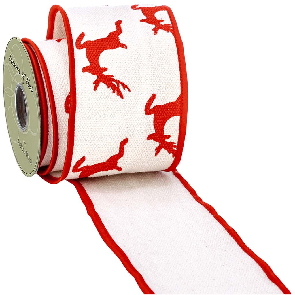 Deer Print Dupion Ribbon White Red, 4in W x 5yd