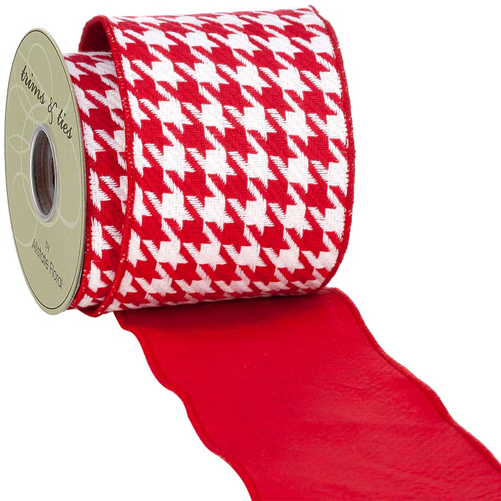 Houndsthooth Taffeta Ribbon Red White, 4in W x 5yd