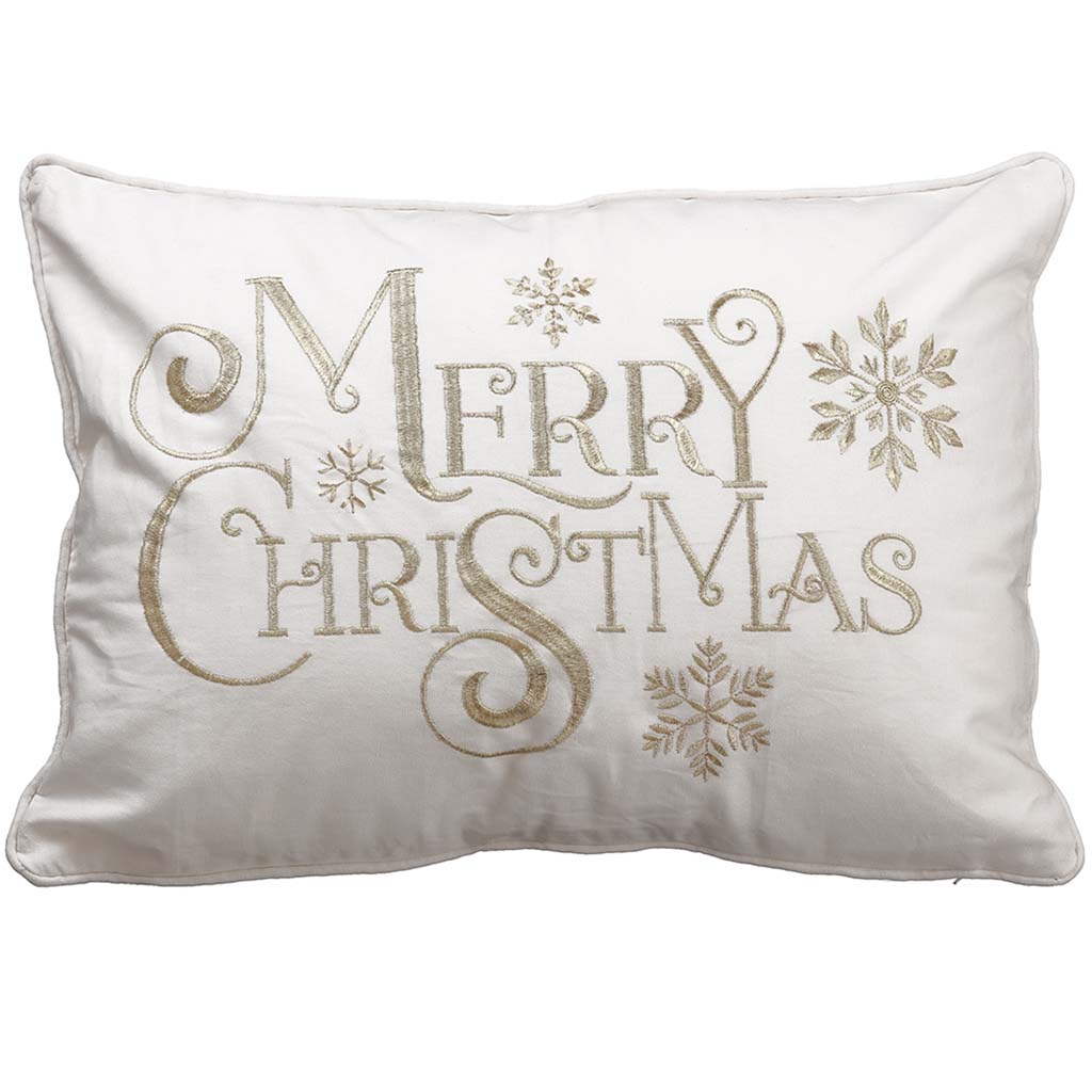 Embroidered Merry Christmas Pillow White Gold 14in W x 20in L