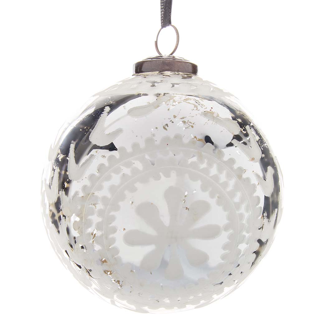 Glass Etched Ball Ornament Antique White, 5in