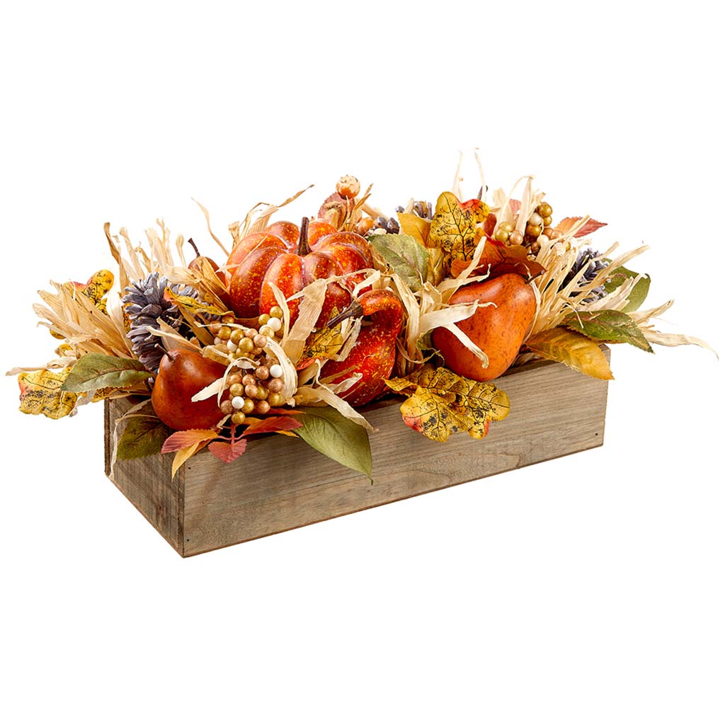 Pumpkin/Berry/Pine Cone Centerpiece in Wood Box Orange Green 8.5in H x 16in L