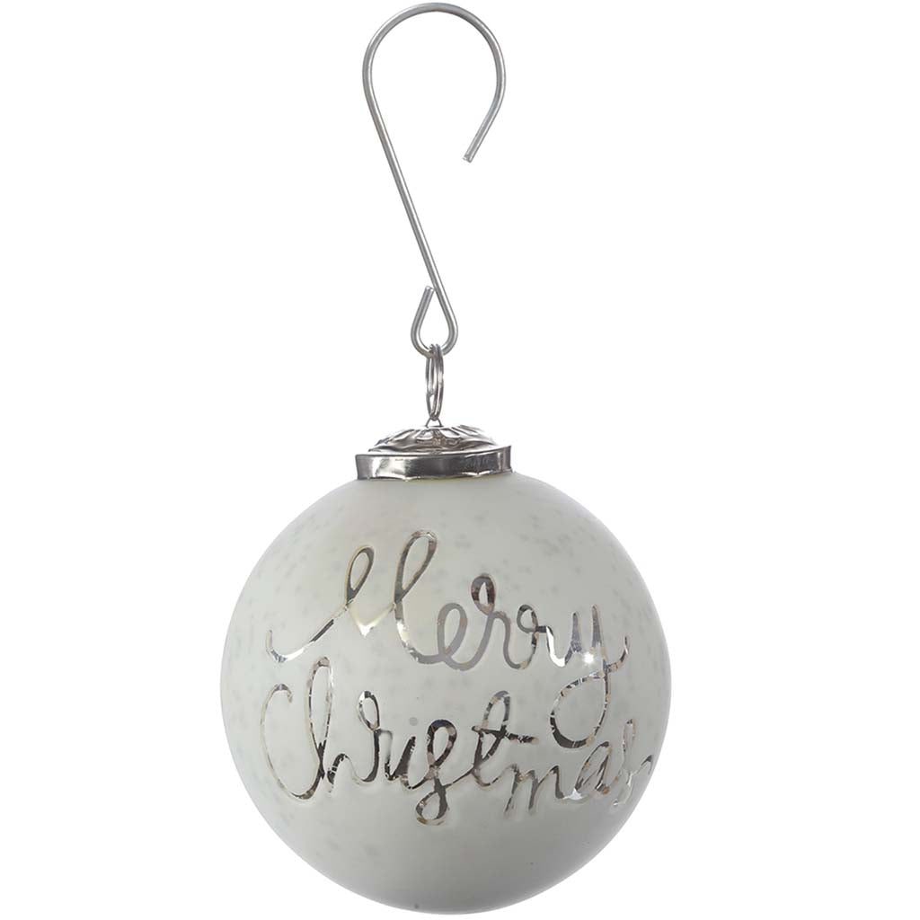 Merry Christmas Glass Ball Ornament White, 4in