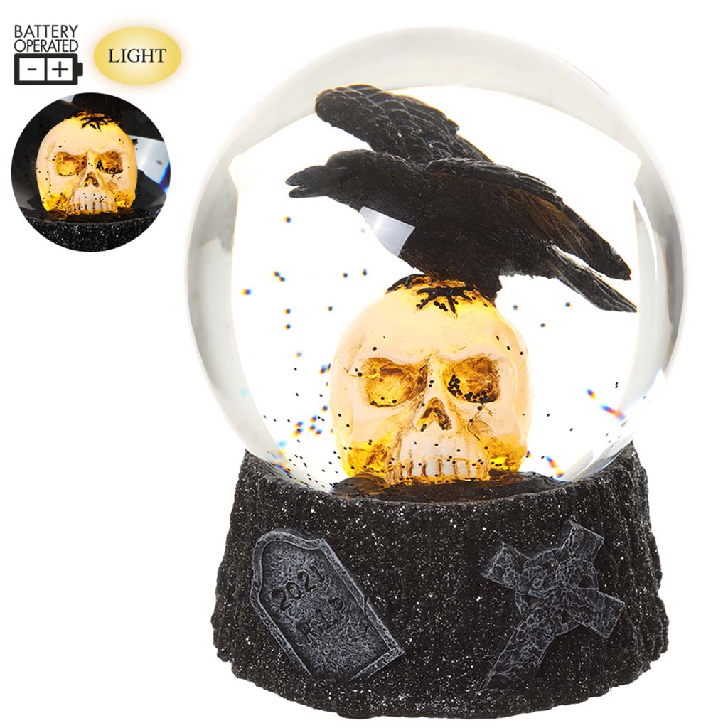 Battery Operated Crow on Skull Snow Globe With Light Black Clear, 5.7in