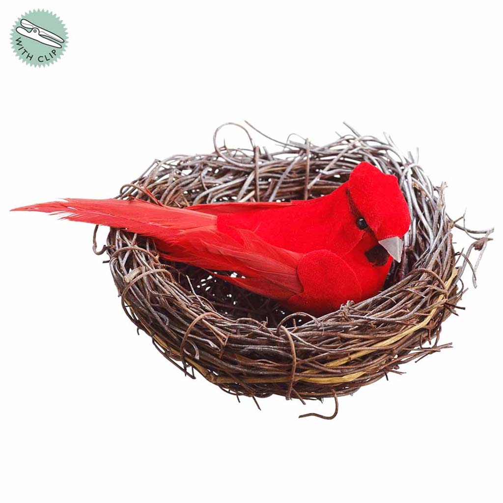 Cardinal Bird&#39;s Nest With Clip Red, 4.7in