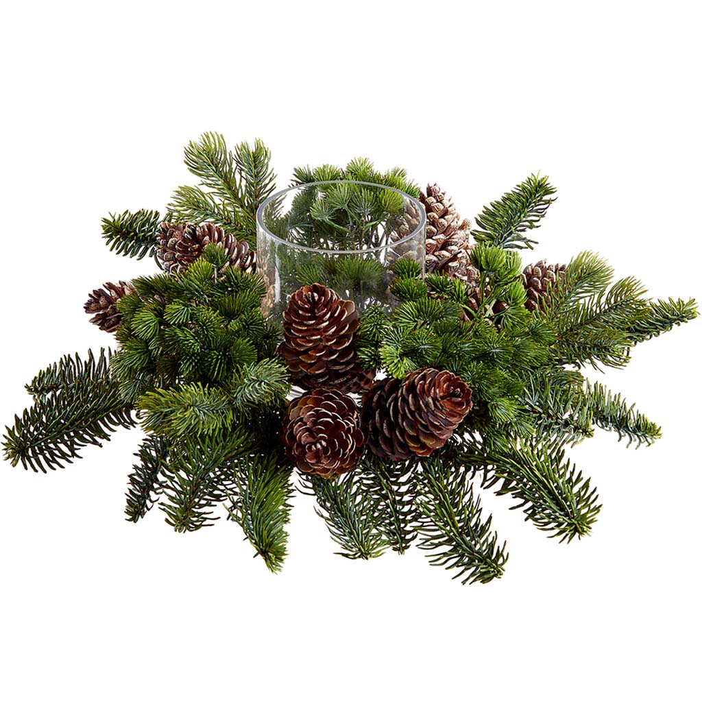 Pine Centerpiece With Glass Hurricane x1 Brown Green, 6in H x 16in D