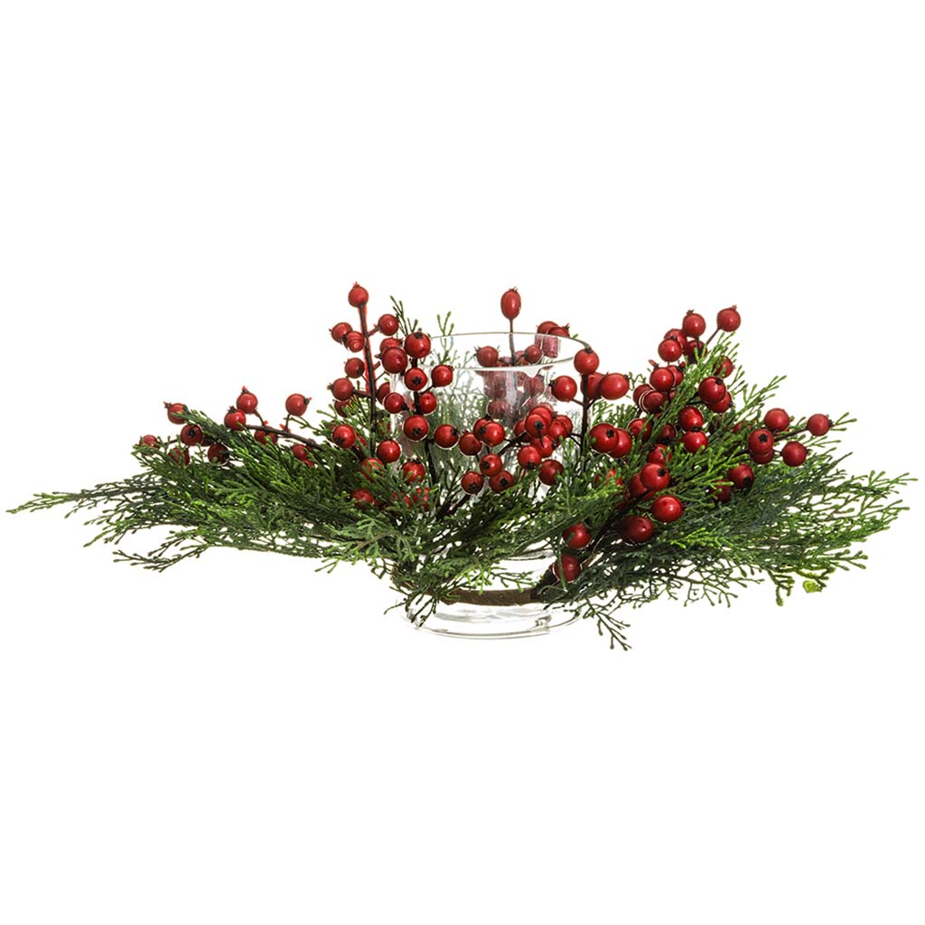 Berry Centerpiece With Glass Hurricane x1 Red Green, 3in H x 14in D