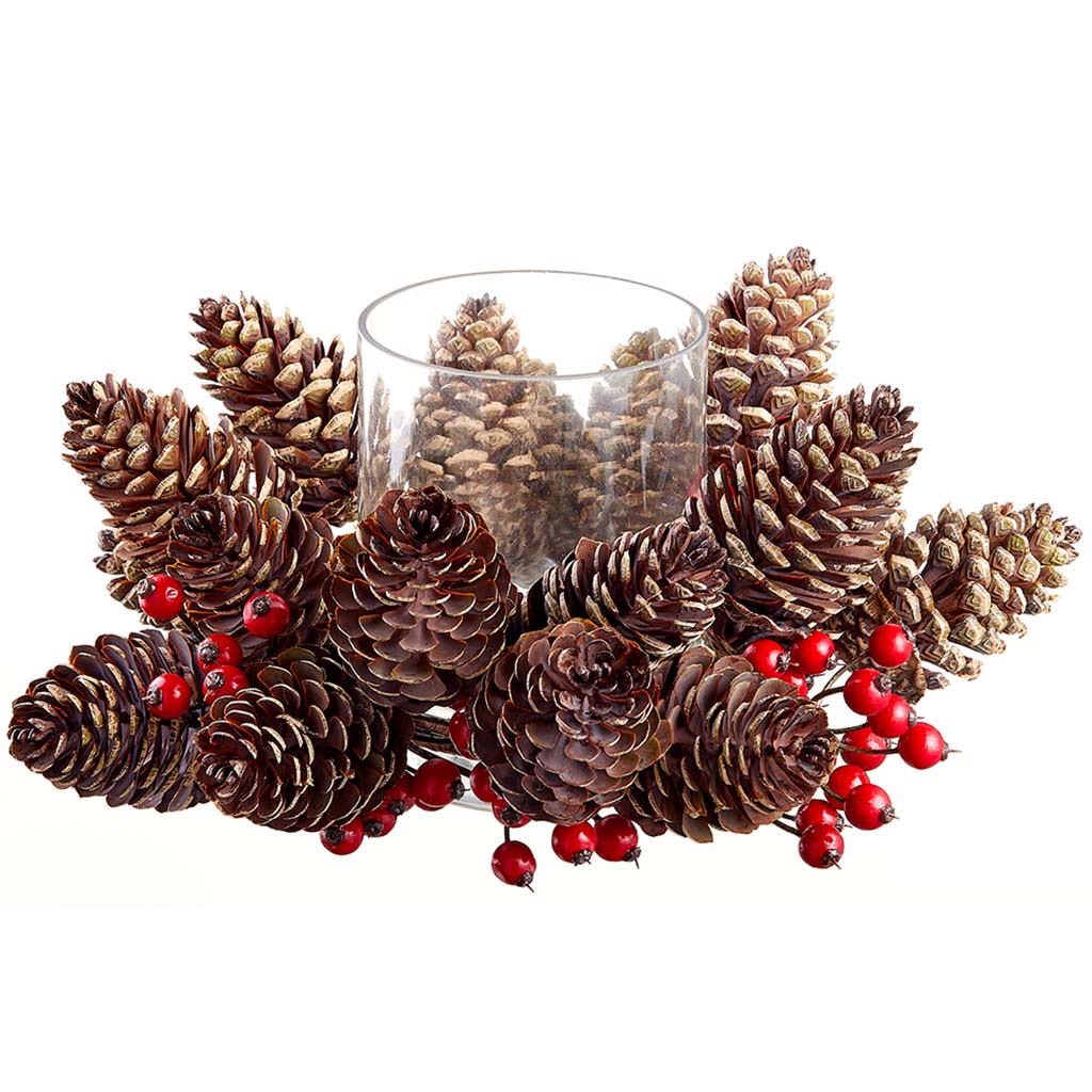 Pine Cone/Berry Centerpiece With Glass Candleholder x1 Brown Red 6in H x 14in D