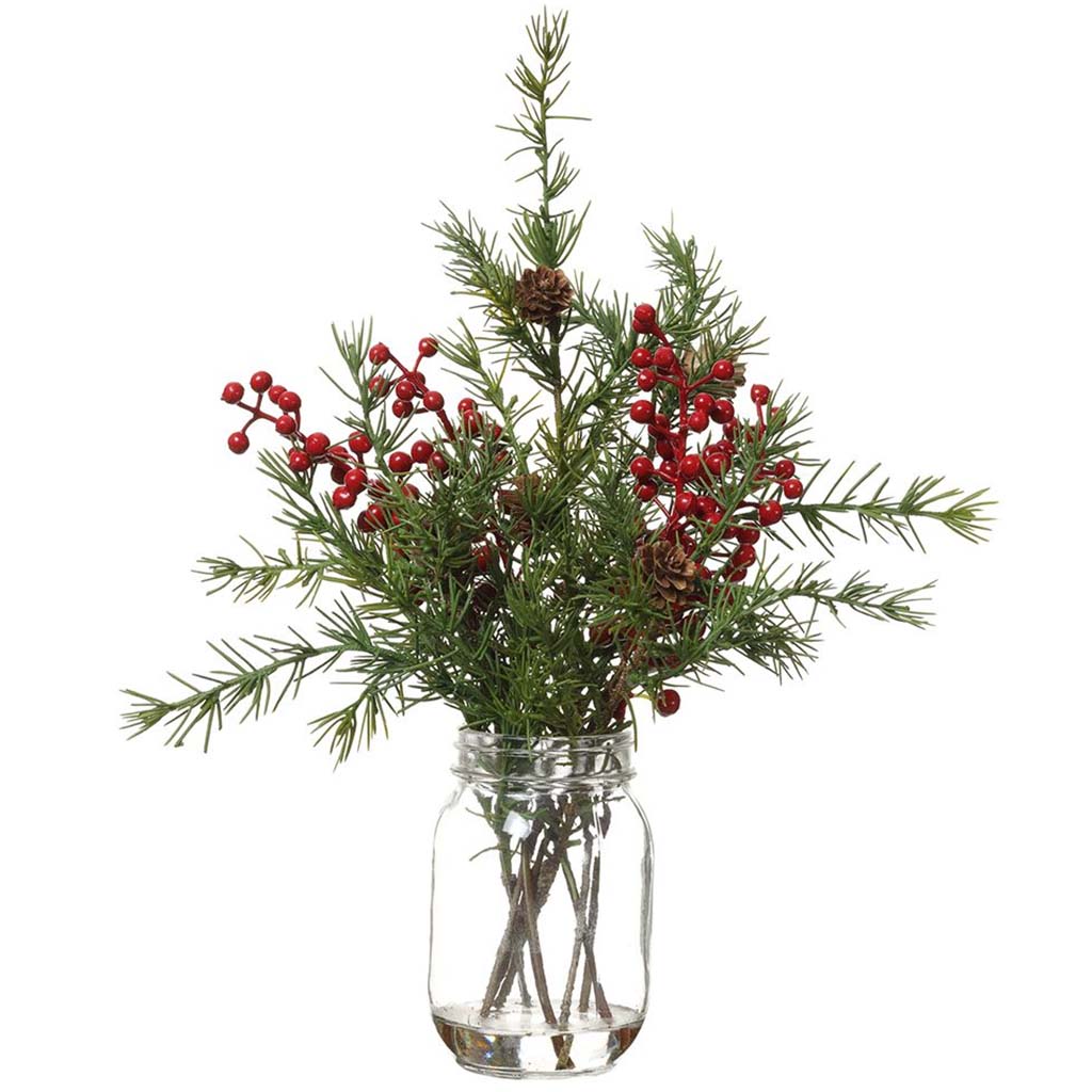 Berry/Cone/Pine In Glass Vase 15in