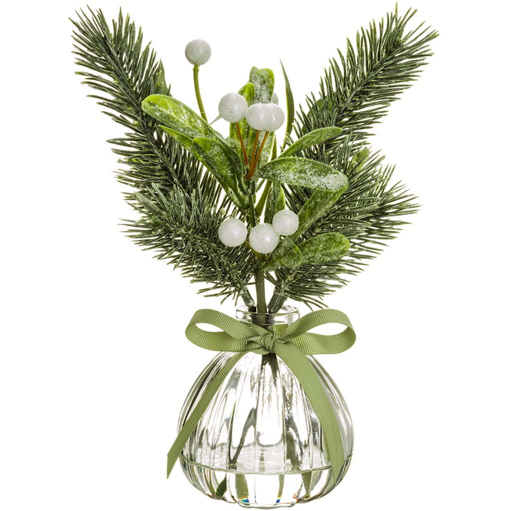 Snowed Mistletoe/Pine in Glass Vase Green White, 10in