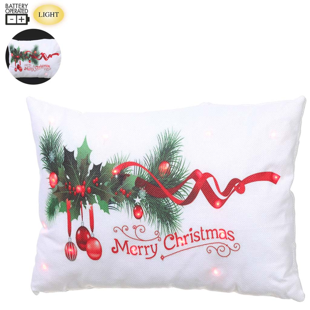 Battery Operated Merry Christmas Pillow With Light Beige Red 10in W x 14in L