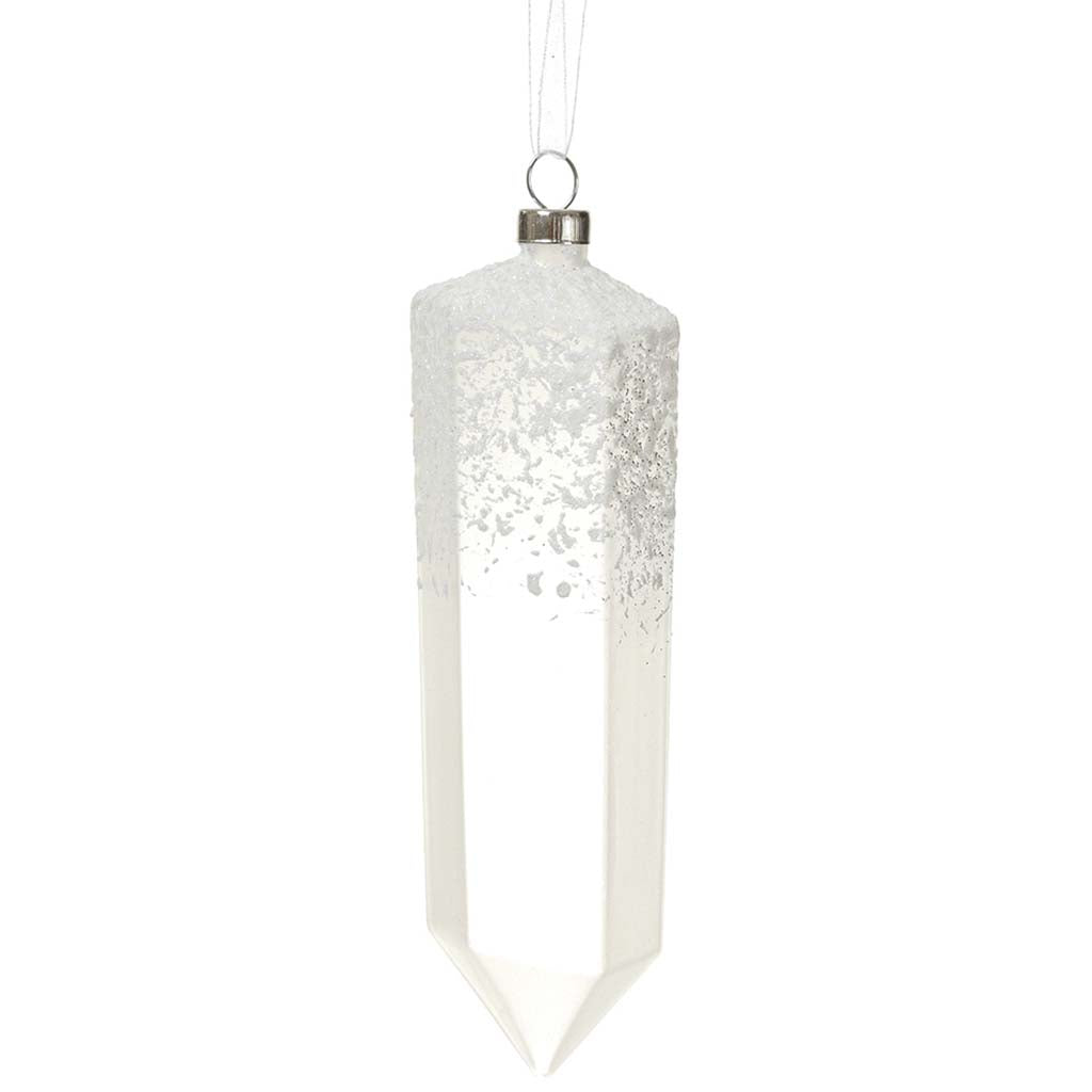 Snowed Glass Crystal Shape Ornament Frosted White, 6.25in