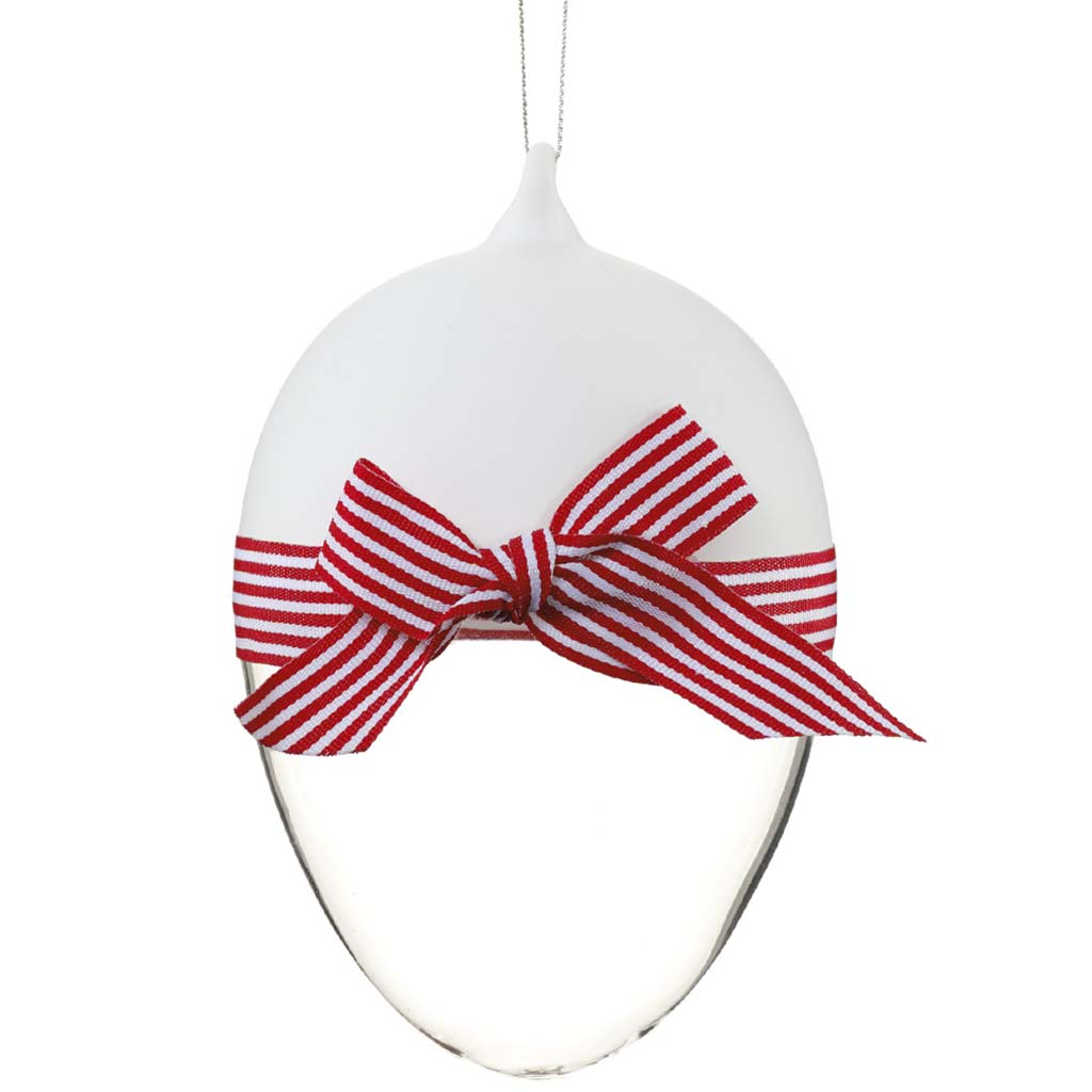 Glass Egg Ornament With Bow Tie White Red, 5in