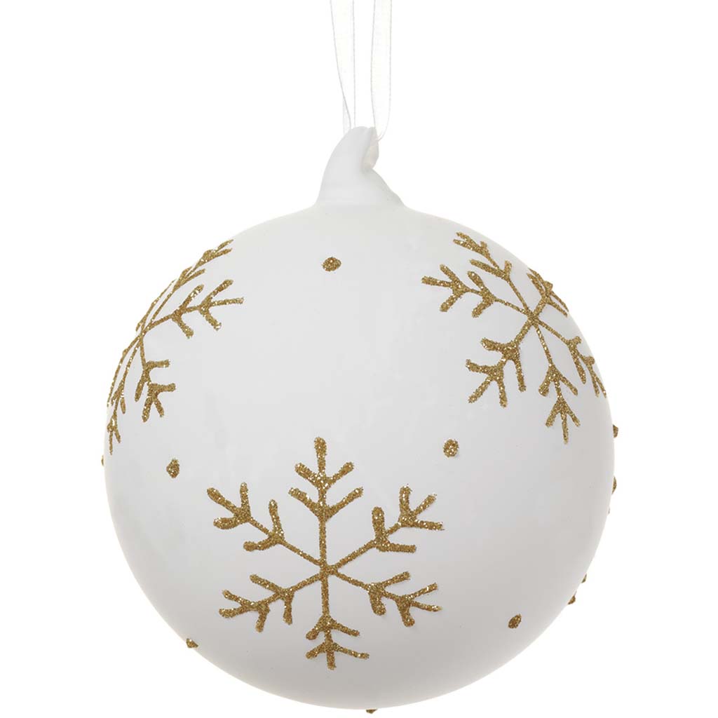 Glittered Glass Snowflake Ball Ornament White Gold, 4.75in