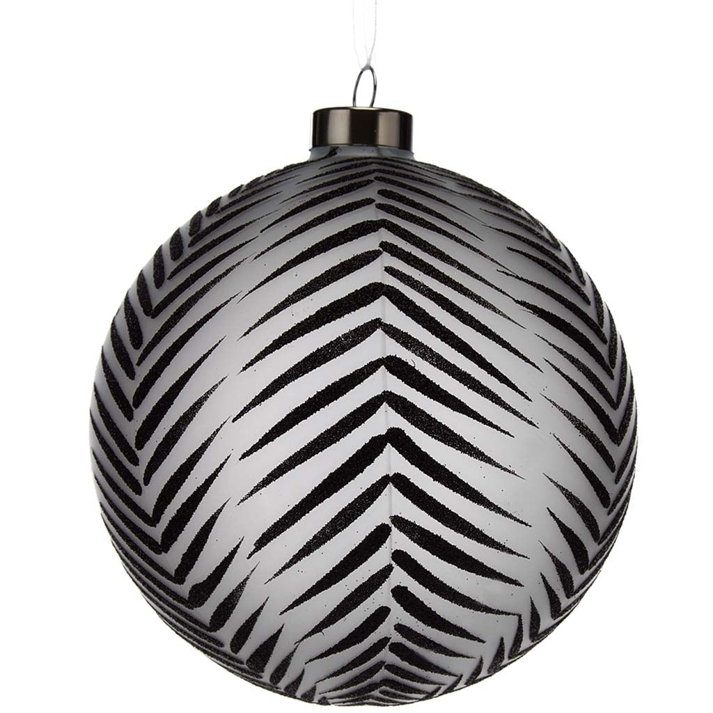 Glittered Glass Feather Pattern Ball Ornament Frosted Black, 4.75in