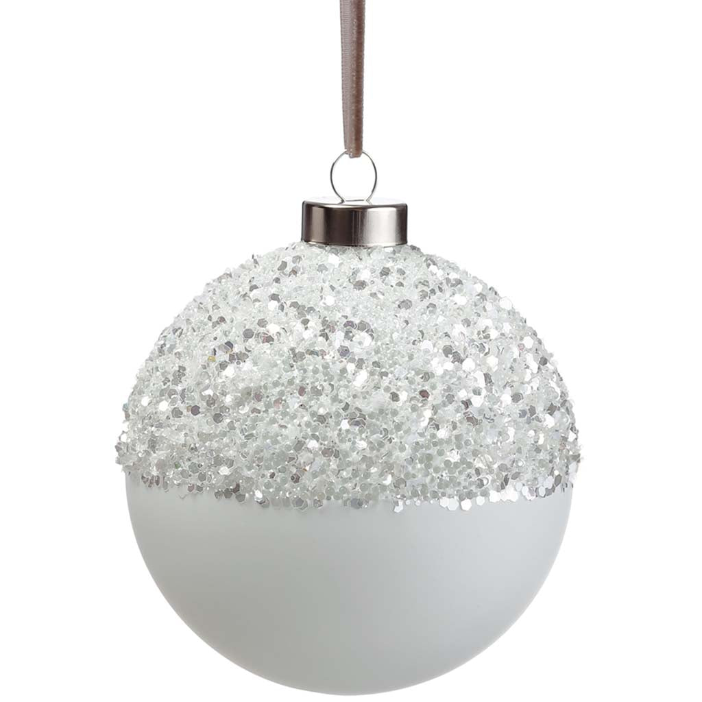 Glittered Glass Ball Ornament Glittered White, 4in