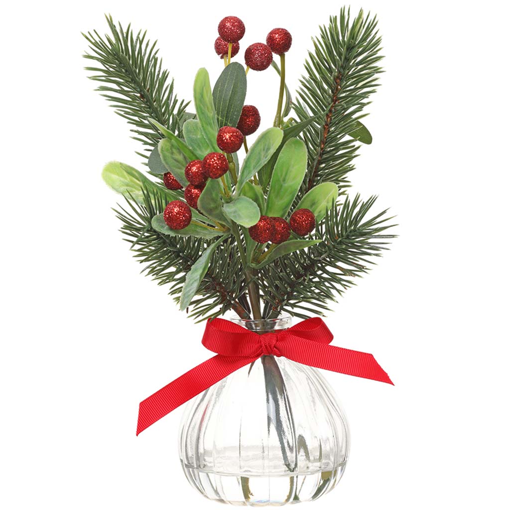 Berry/Pine in Glass Vase Red Green, 10in