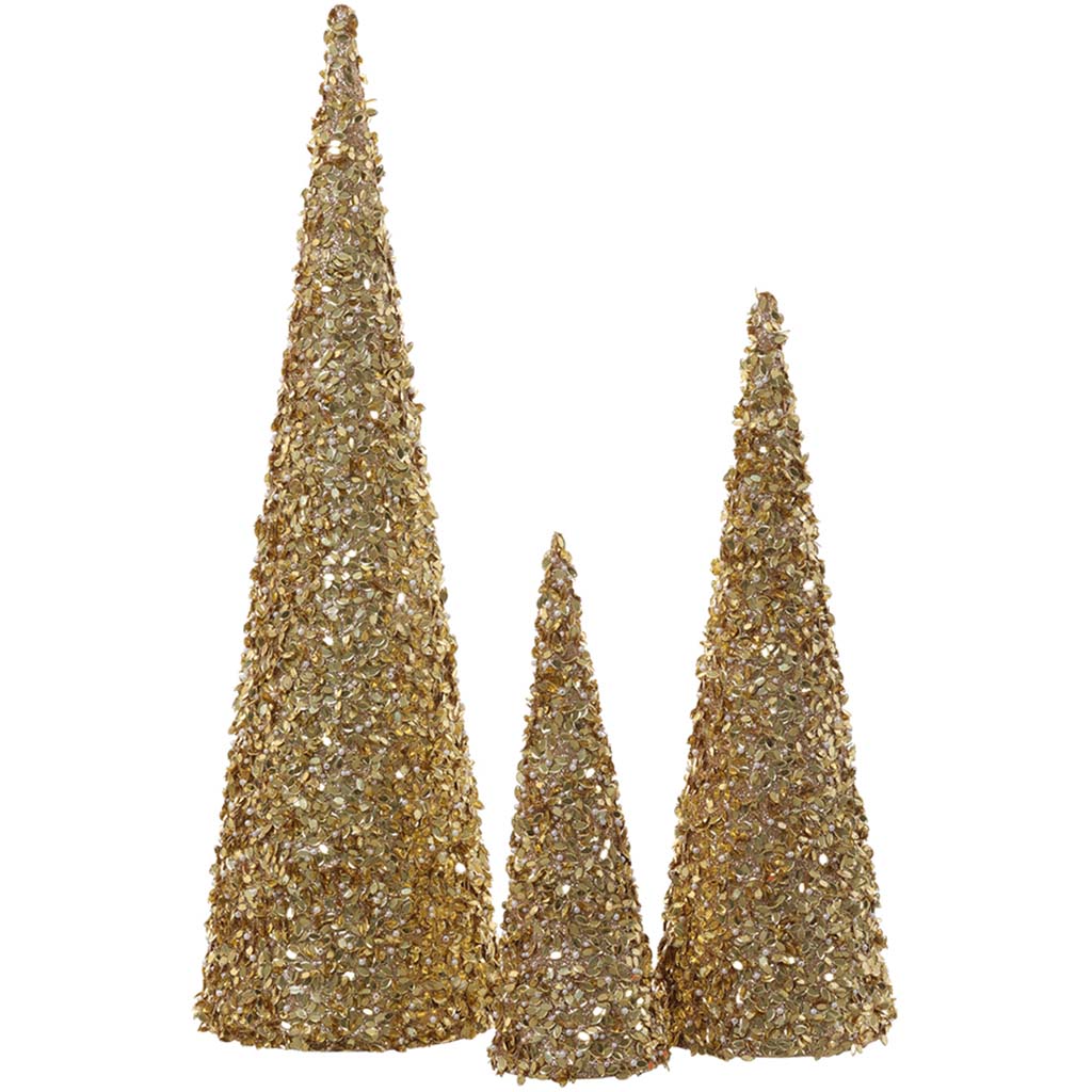 Sequin Cone Topiary Set of 3 Gold, 12-24in