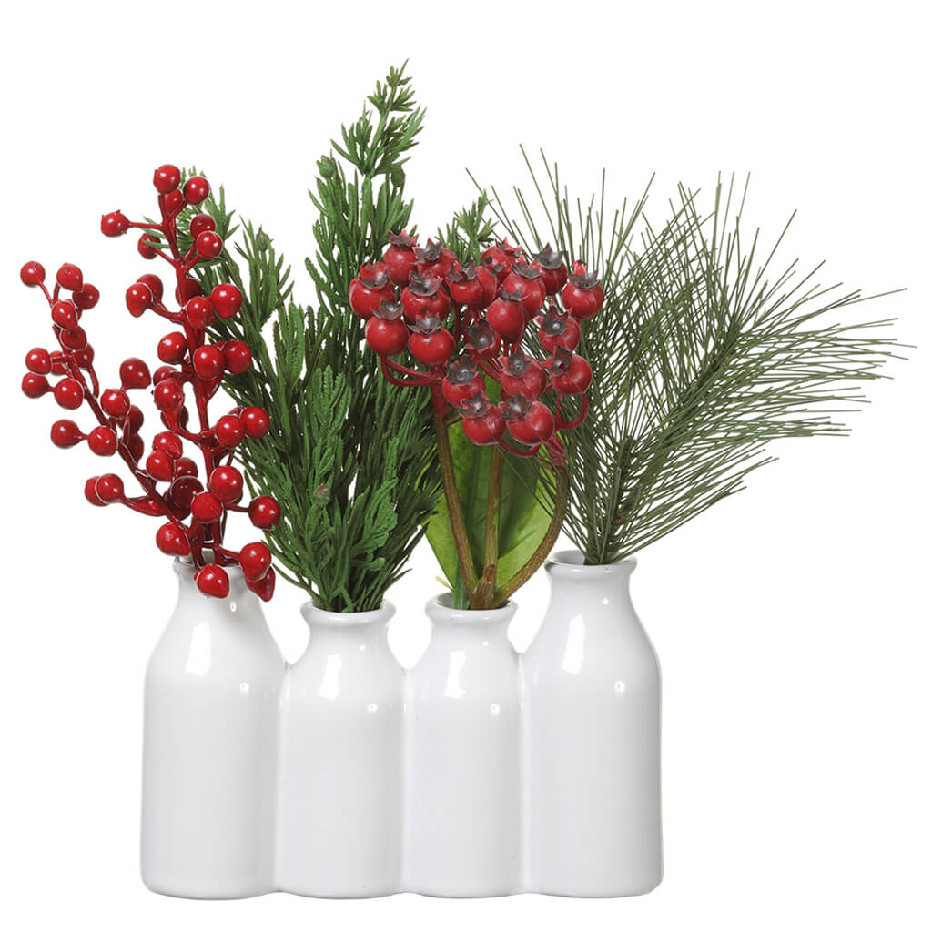 Berry/Pine in Ceramic Vase Red Green, 8.5in