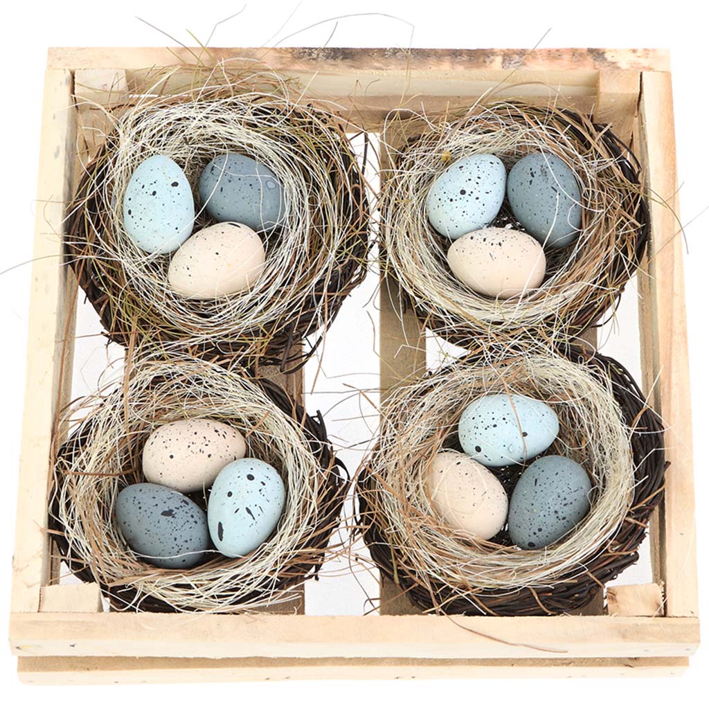 Bird&#39;s Nest With Eggs 4pc Crate Set Blue Cream, 2in