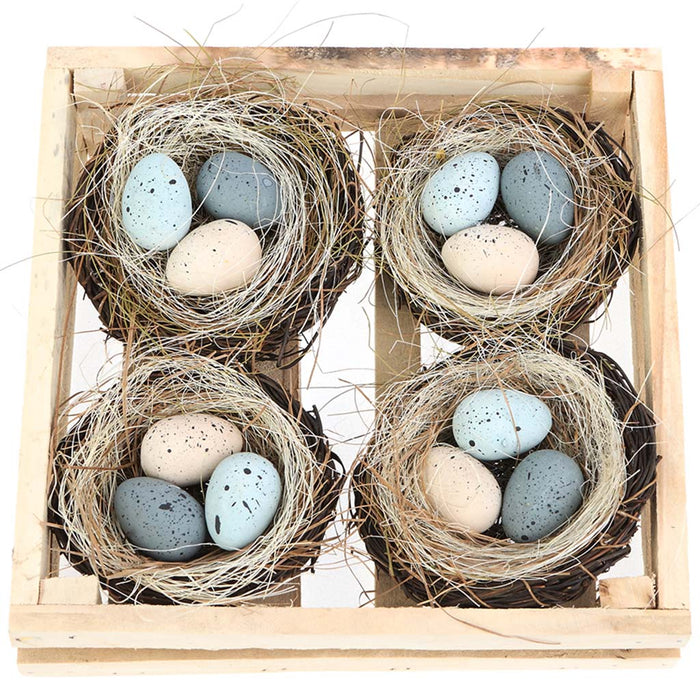 Bird's Nest With Eggs 4pc Crate Set Blue Cream, 2in
