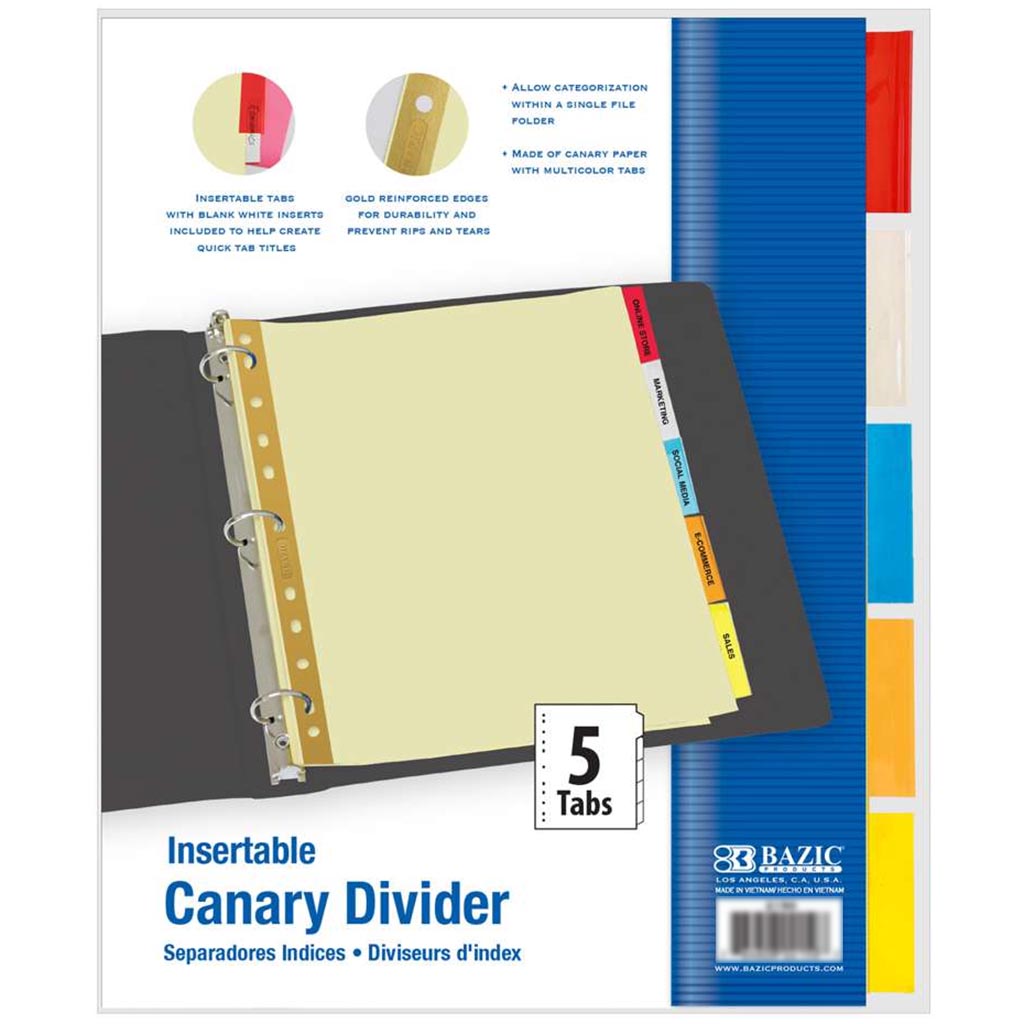 Bazic Canary Paper Dividers with 5-Insertable Color Tabs