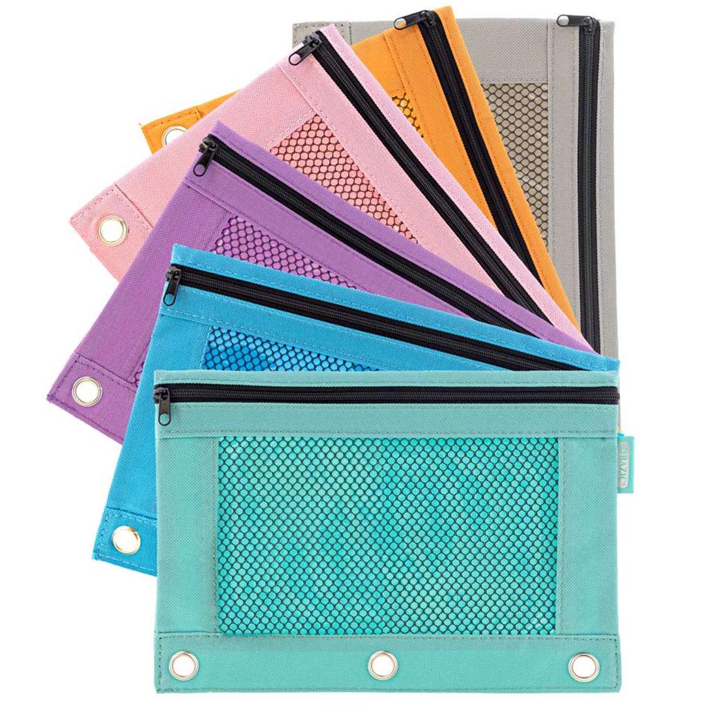 Bazic Pencil Pouch 3-Ring Retro Pastel Color with Mesh Window