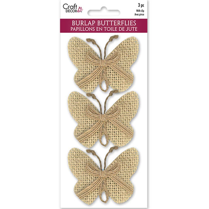 Craft Decor:  Burlap Butterflies X3 W/Clip + Burlap Ribbon Natural, 6Cmx7.4Cm