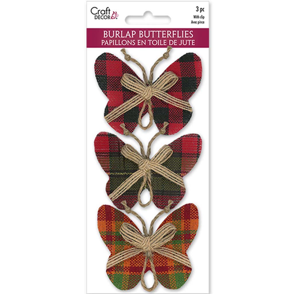 Craft Decor:  Burlap Butterflies X3 W/Clip + Burlap Ribbon Plaid, 6Cmx7.4Cm