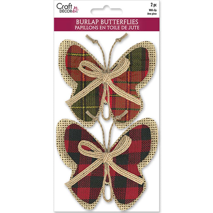 Craft Decor:  Burlap Butterflies X2 W/Clip + Burlap Ribbon -B, Plaid, 8.8cm x 10 cm
