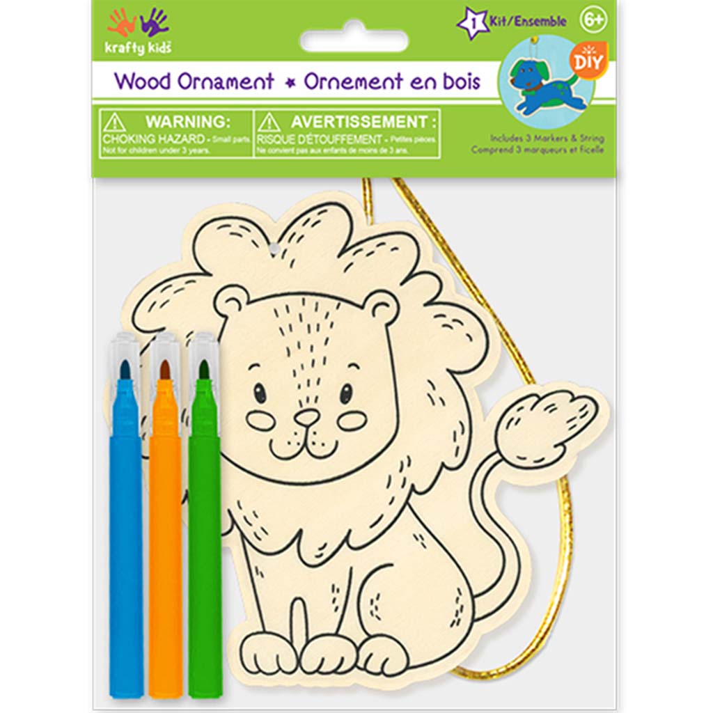 Krafty Kids Kit: Diy Wood Ornament Kit W/3 Mini Felt Markers Lion