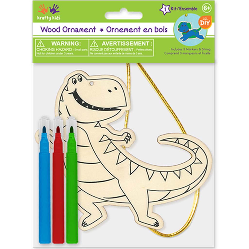 Krafty Kids Kit: Diy Wood Ornament Kit W/3 Mini Felt Markers T-Rex