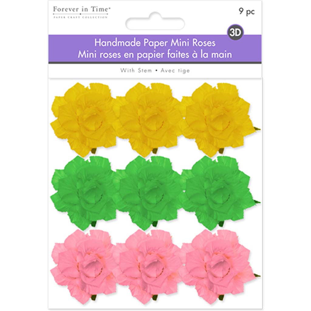 Floral Embellish:  Handmade Paper Mini Open Roses X9 W/Stem Pretty, 1.25in