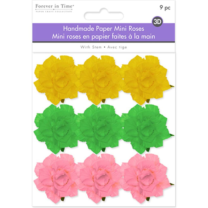 Floral Embellish:  Handmade Paper Mini Open Roses X9 W/Stem Pretty, 1.25in