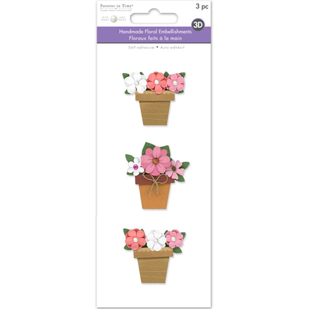 Floral Embellish: 3D Handmade Paper Flower Pots Self-Stick W/Pearls For Mom, 3Pc