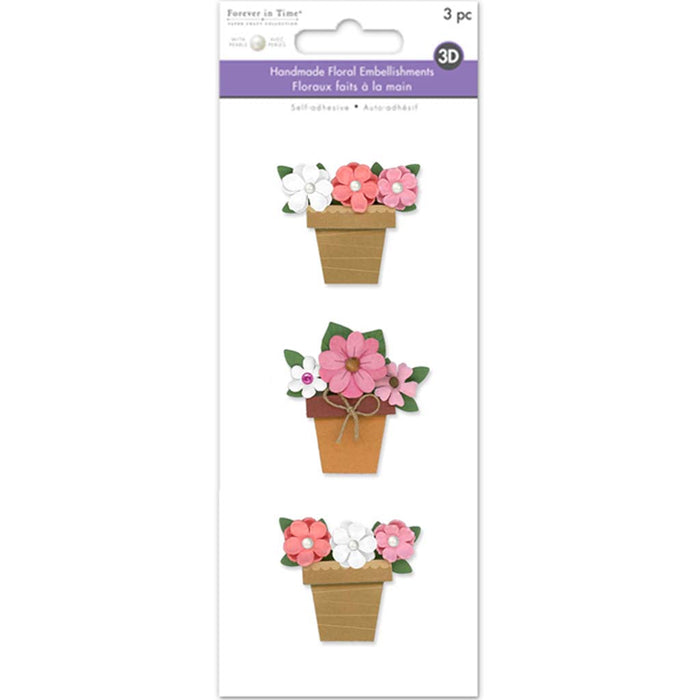 Floral Embellish: 3D Handmade Paper Flower Pots Self-Stick W/Pearls For Mom, 3Pc