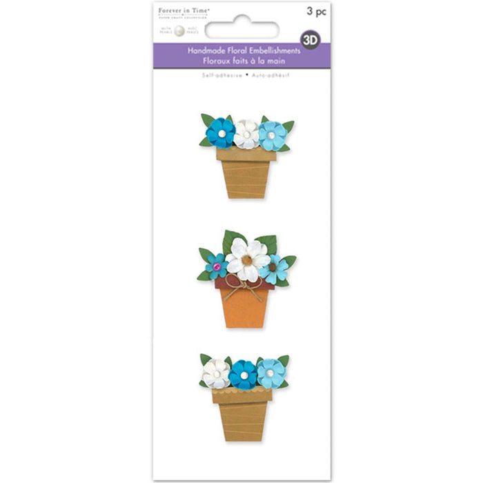 Floral Embellish: 3D Handmade Paper Flower Pots Self-Stick W/Pearls Touch of Blue, 3Pc