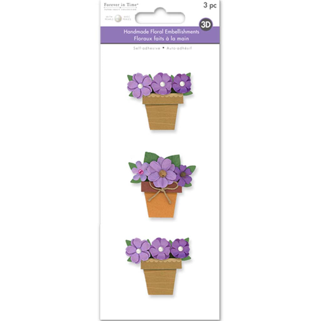 Floral Embellish: 3D Handmade Paper Flower Pots Self-Stick W/Pearls Viola, 3Pc