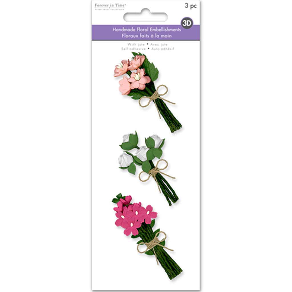 Floral Embellish: 3D Handmade Paper Floral Bouquets Self-Stick W/Jute For Mom, 3Pc