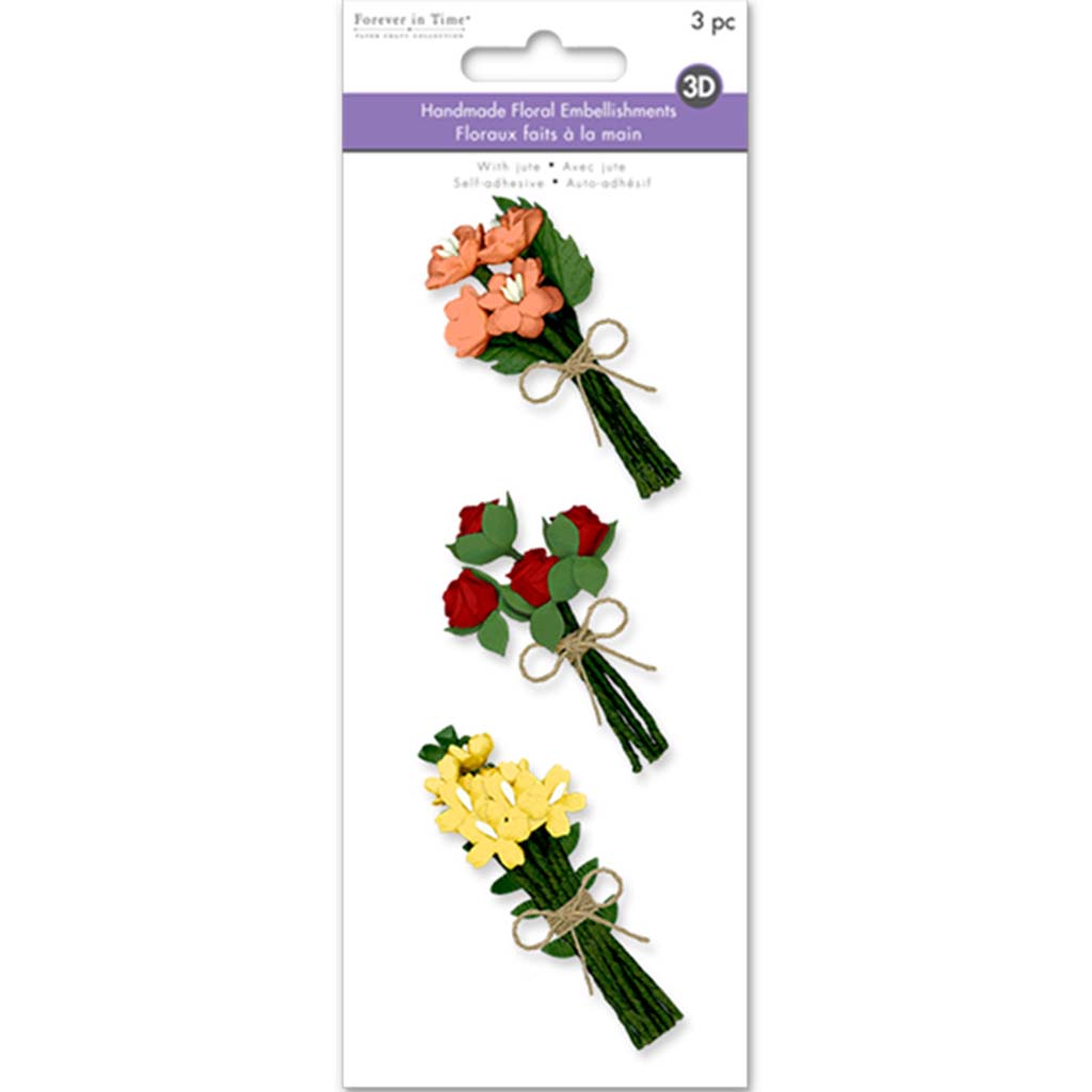 Floral Embellish: 3D Handmade Paper Floral Bouquets Self-Stick W/Jute Glamour, 3Pc