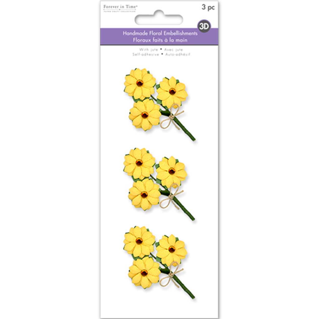 Floral Embellish: 3D Handmade Paper Floral Bouquets Self-Stick W/Jute Sunflowers, 3Pc