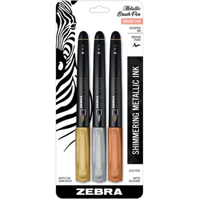 Zebra Metallic Brush Pen Set of 3 Assorted Colors
