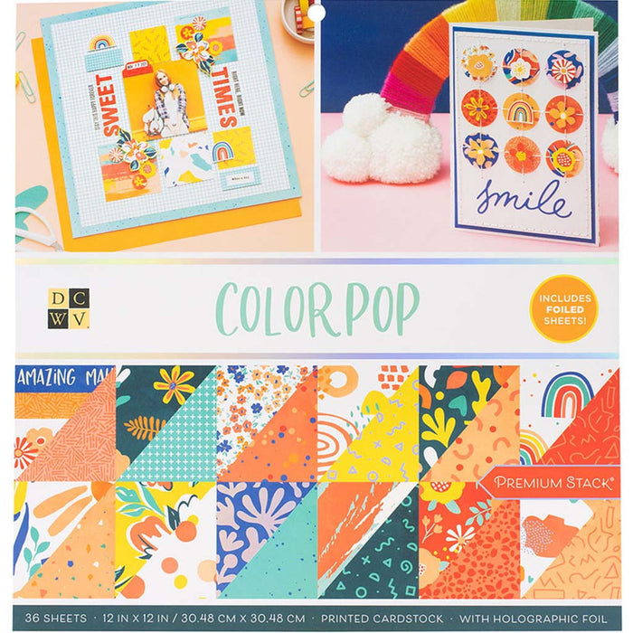 DCWV Double-Sided 12in x 12in Cardstock Stack 36sheets- Color Pop, with Holographic Foil
