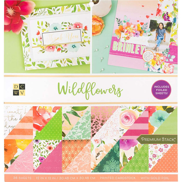 DCWV Double-Sided 12in x12in Cardstock Stack 36sheets- Wildflowers, with Gold Foil