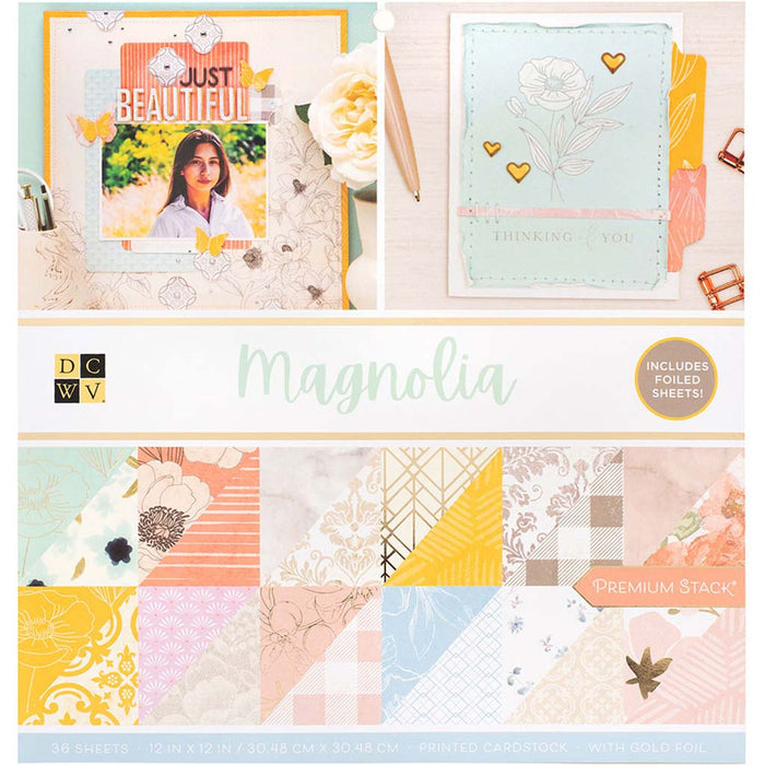 DCWV Double-Sided 12in x12in Cardstock Stack 36sheets- Magnolia, with Gold Foil