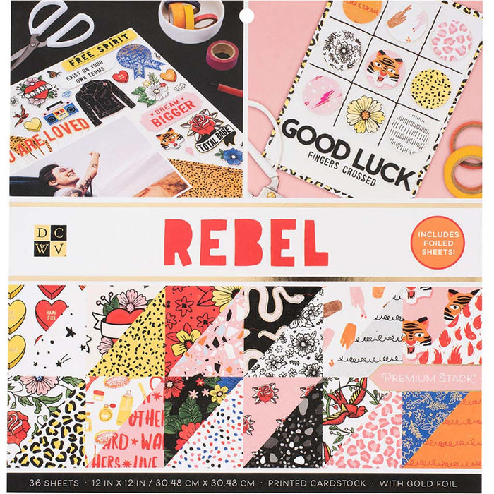 DCWV Double-Sided Cardstock Stack 12in x 12in 36sheets-Rebel, with Gold Foil