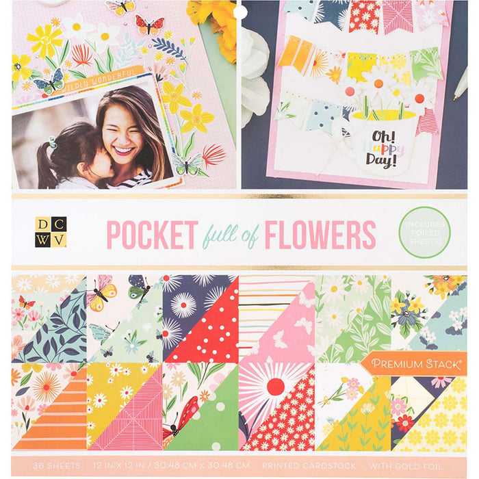 DCWV Double-Sided 12in x12in Cardstock Stack 36sheets- Pocket Full of Flowers, with Gold Foil