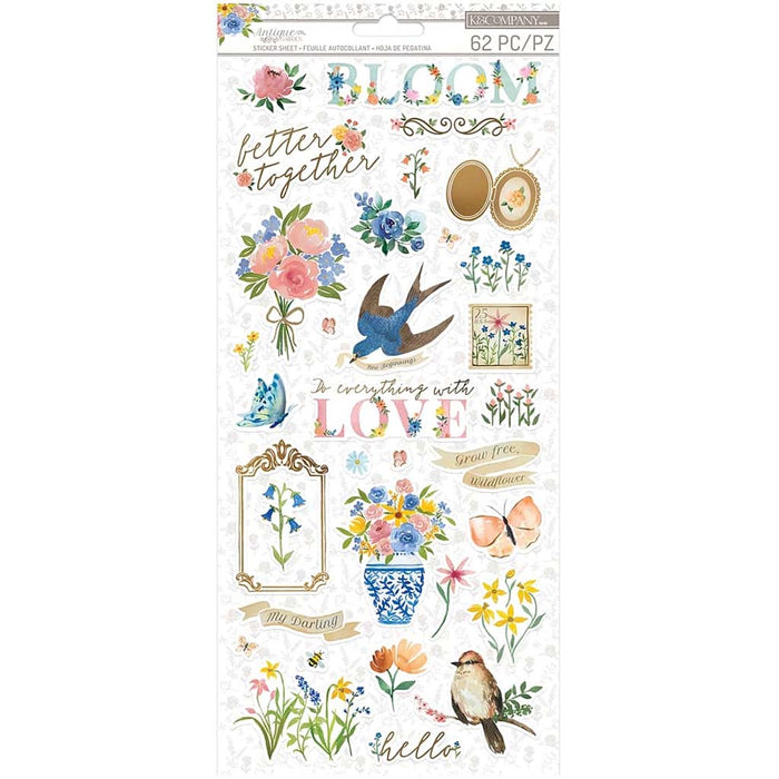 K&Company Antique Garden Gold Foil Sticker Sheet 62 Pieces