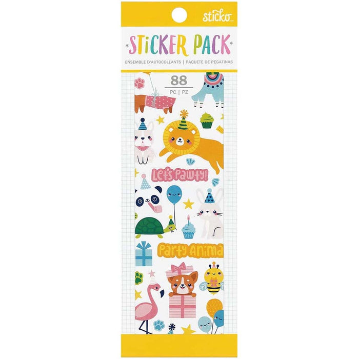 Sticko Party Animal Sticker Pack 3 Sheets 88 Pieces Craft Stickers